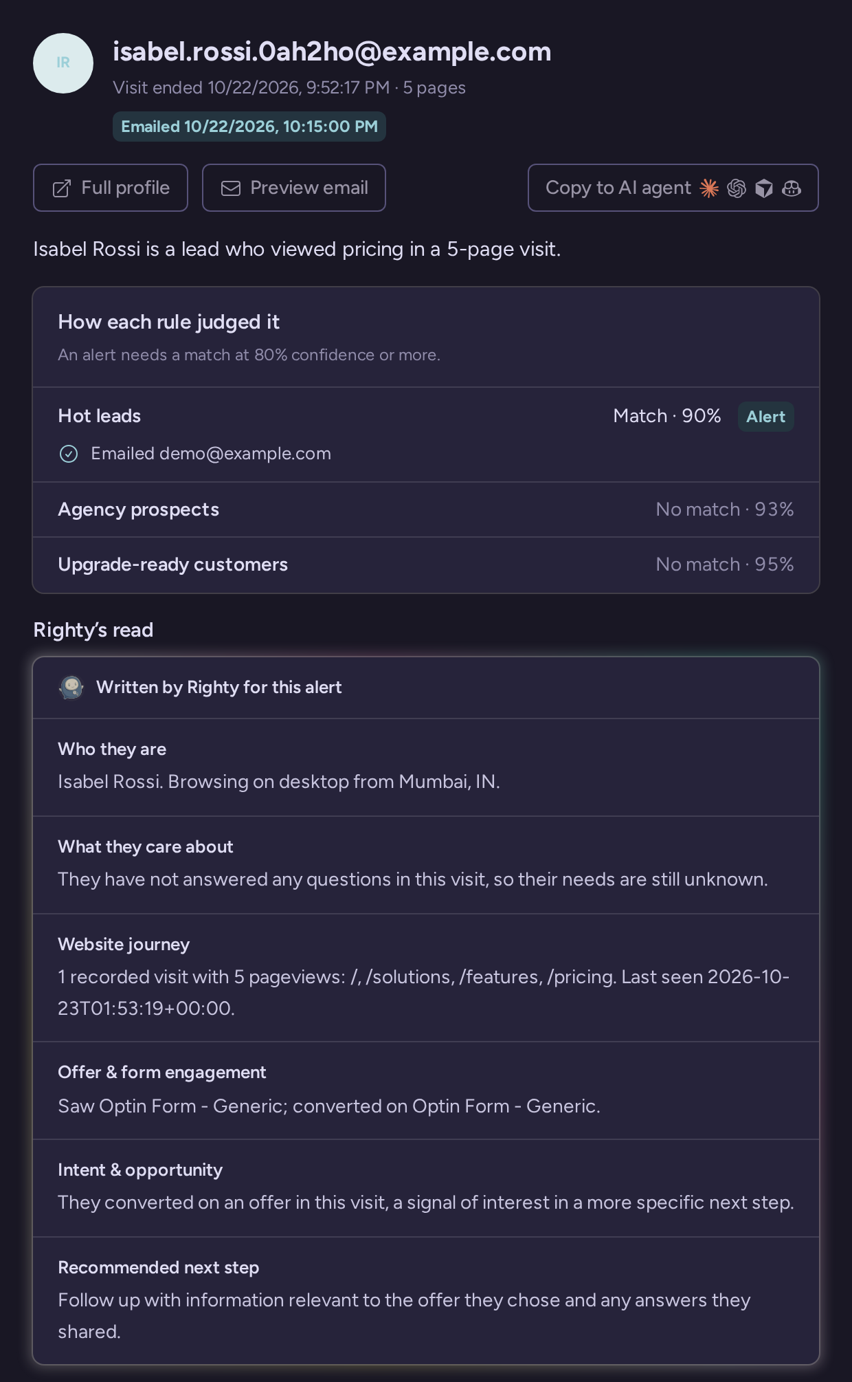 An example alert opened from the list, with the summary of why they matter, how each rule judged the visit, what the email action did, and Righty’s read