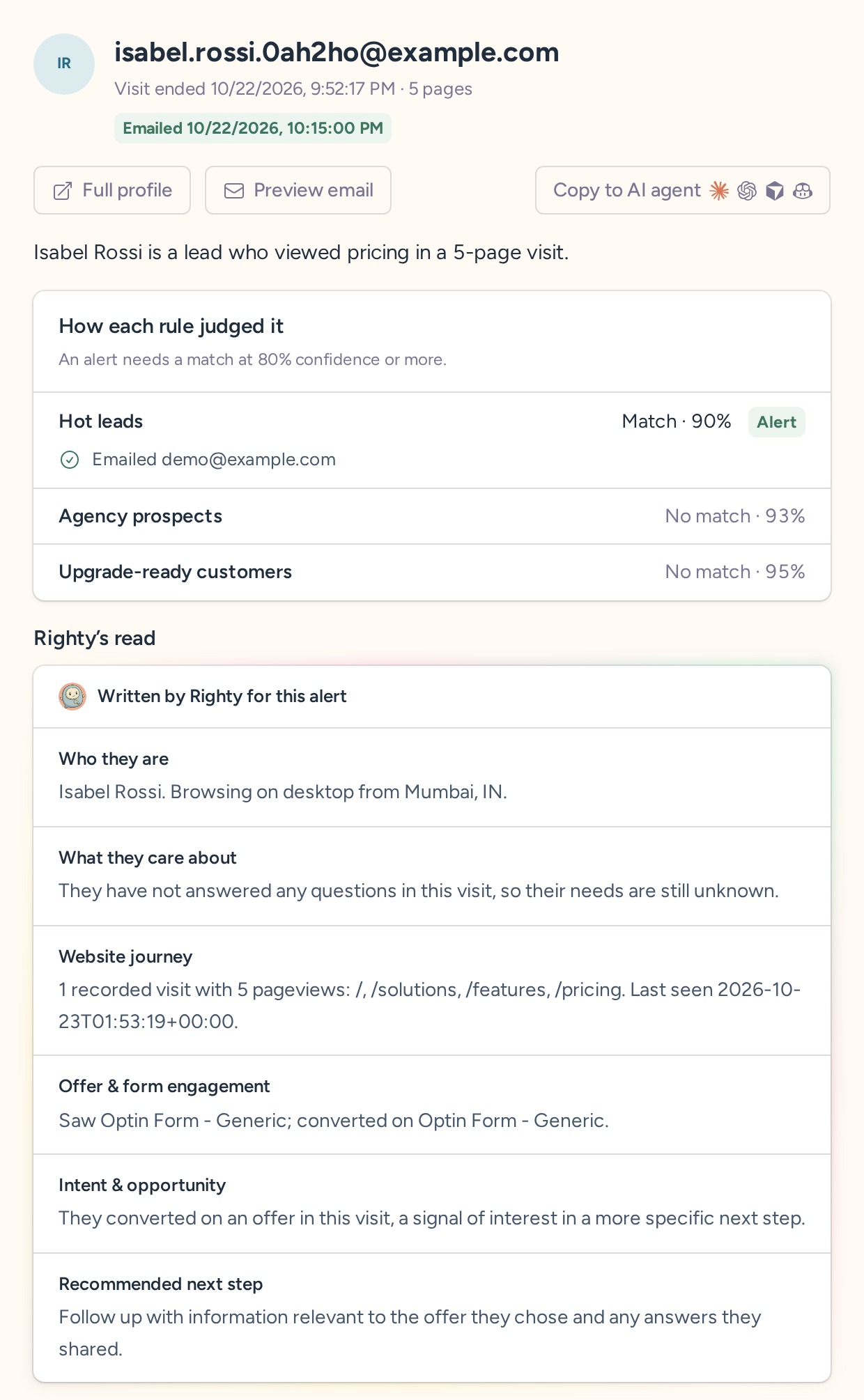 An example alert opened from the list, with the summary of why they matter, how each rule judged the visit, what the email action did, and Righty’s read