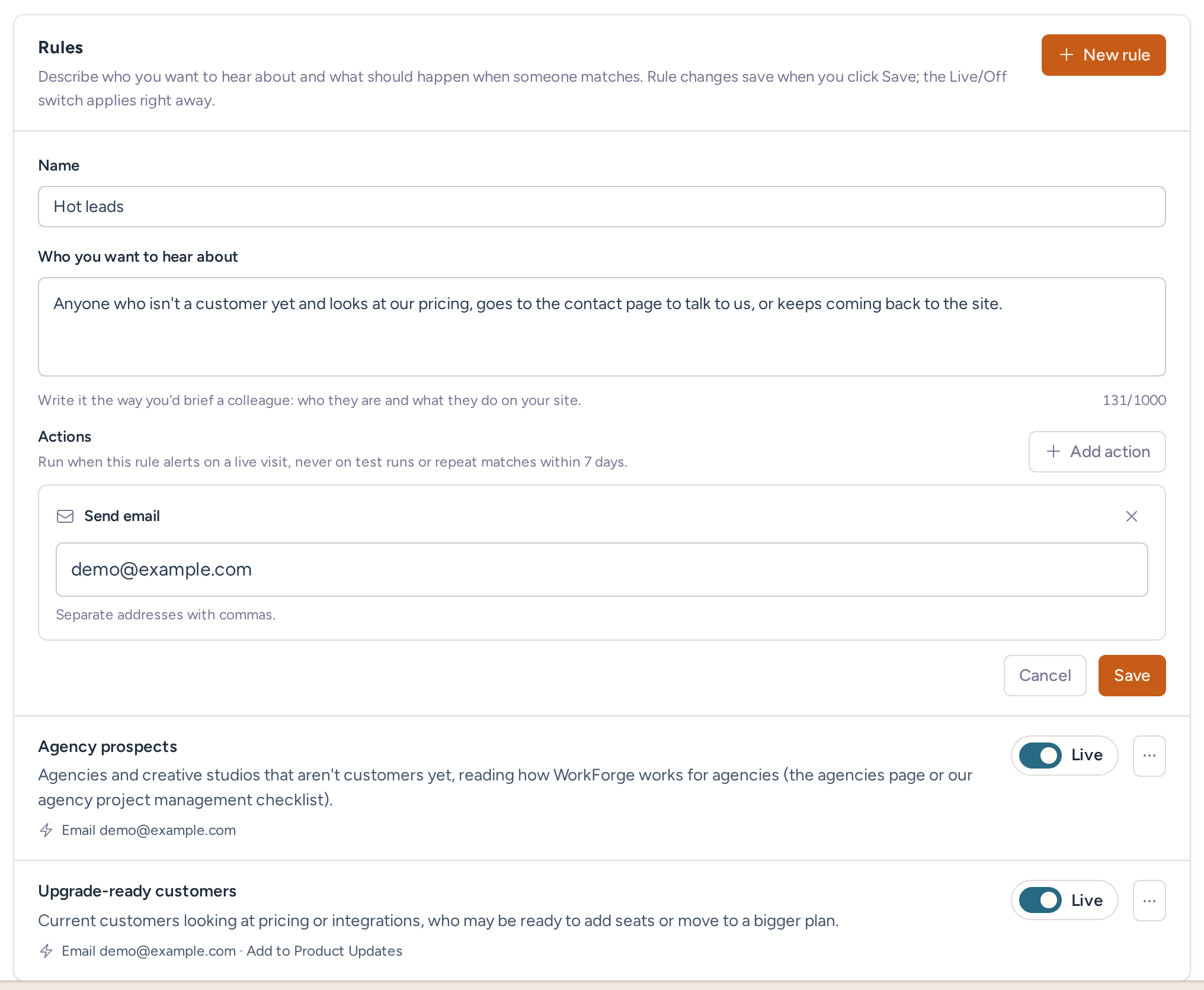 Editing the Hot leads rule, with its name, a plain-language description of who to hear about, and a Send email action