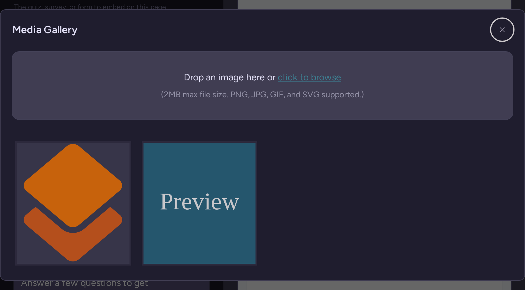 Media Gallery with an uploaded RightMessage logo and the drag-and-drop image upload area