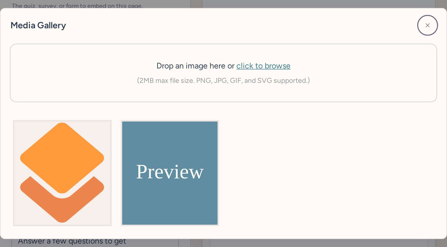 Media Gallery with an uploaded RightMessage logo and the drag-and-drop image upload area