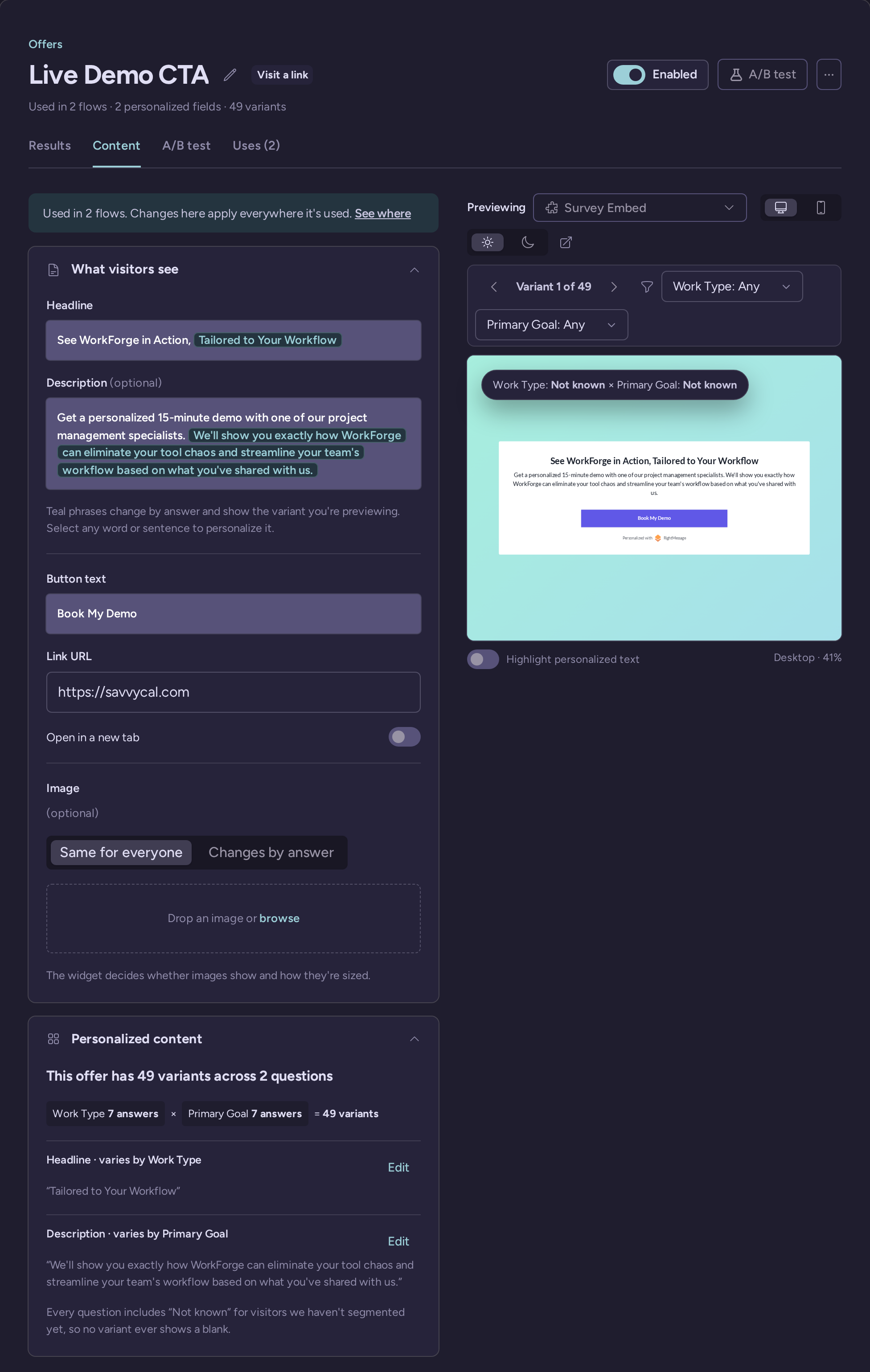Live Demo offer content editor with headline, description and call-to-action preview