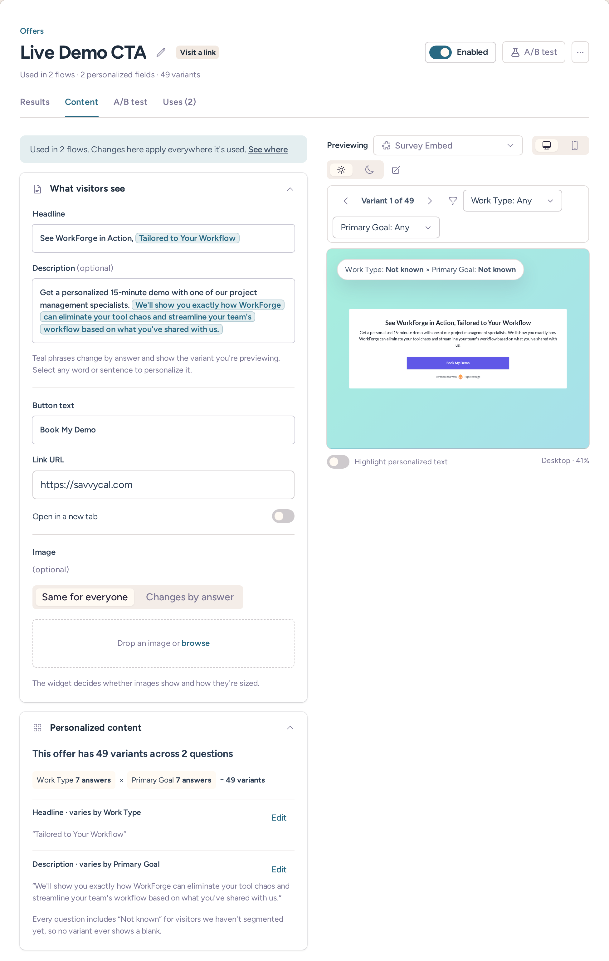 Live Demo offer content editor with headline, description and call-to-action preview