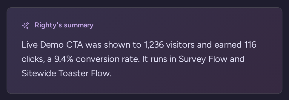 Live Demo call-to-action offer summary with views, clicks, conversion rate and the flows using it