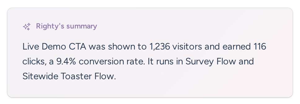 Live Demo call-to-action offer summary with views, clicks, conversion rate and the flows using it