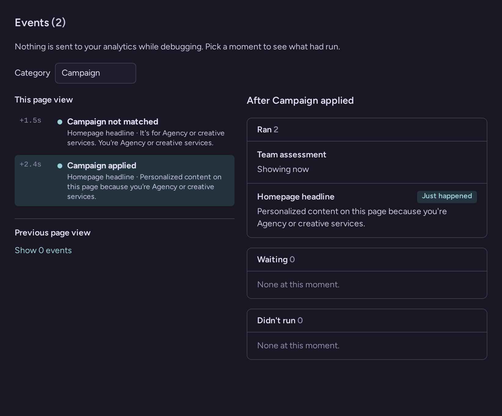 Debugger Events timeline filtered to campaign events, showing why the homepage personalization ran