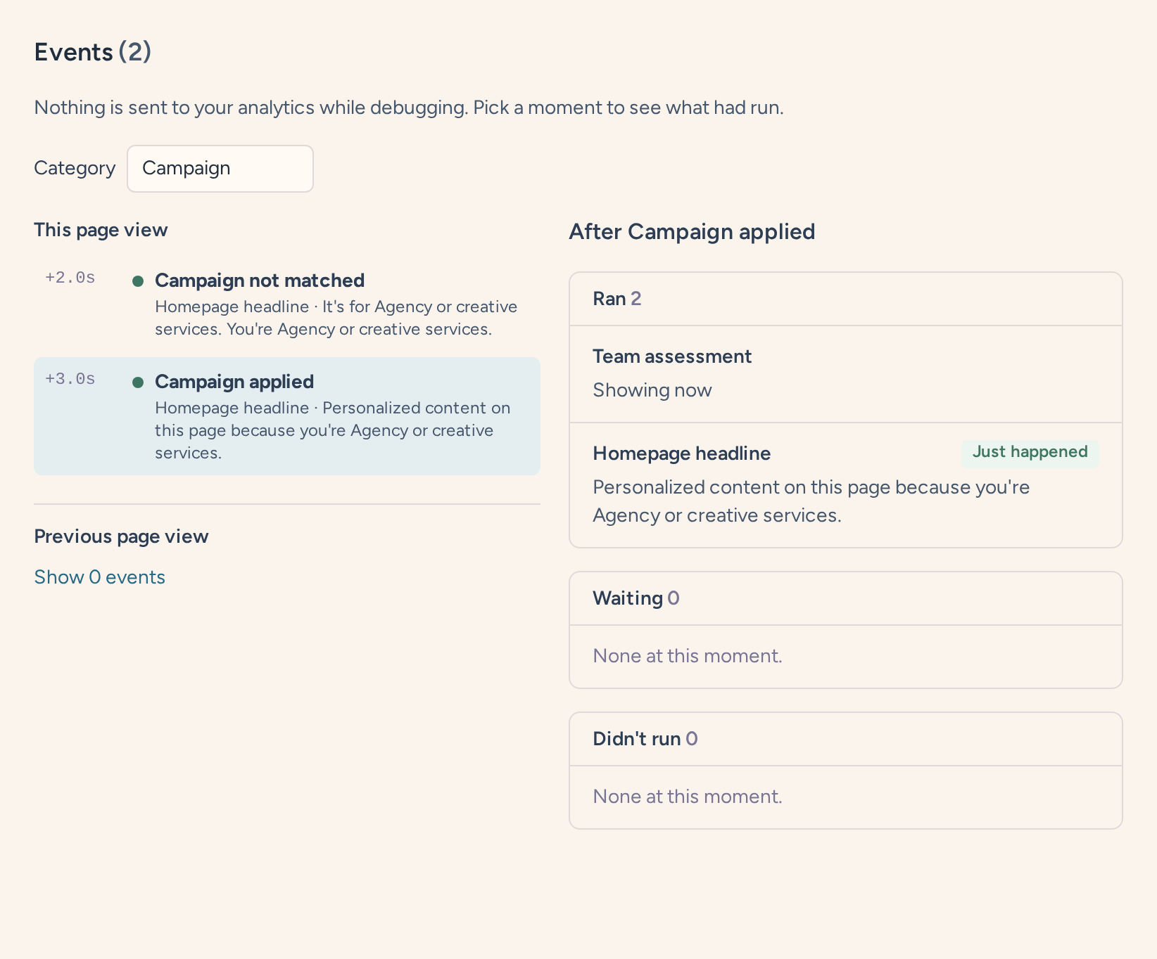 Debugger Events timeline filtered to campaign events, showing why the homepage personalization ran