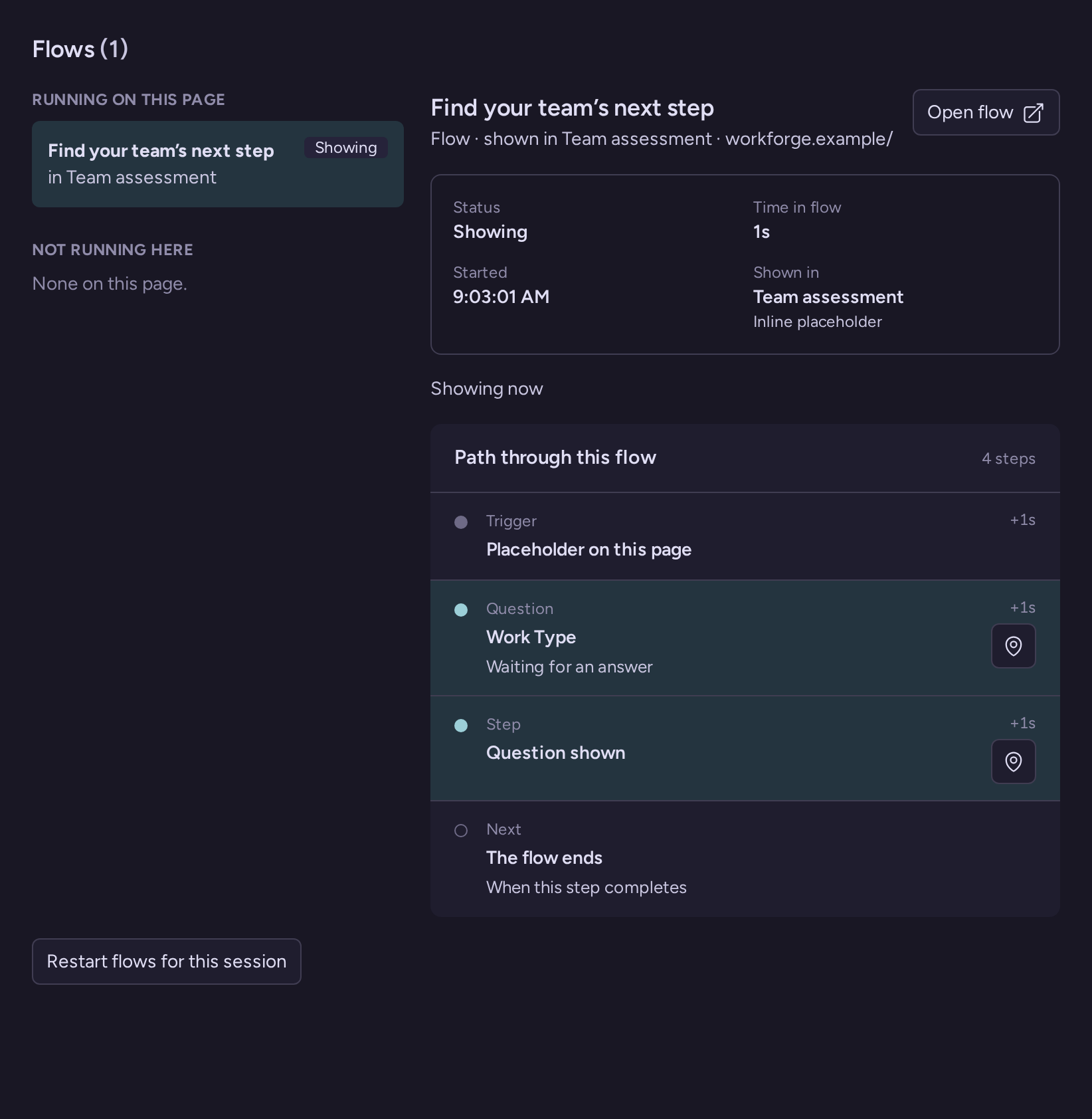 Debugger Flows panel showing the team assessment flow and its current question step