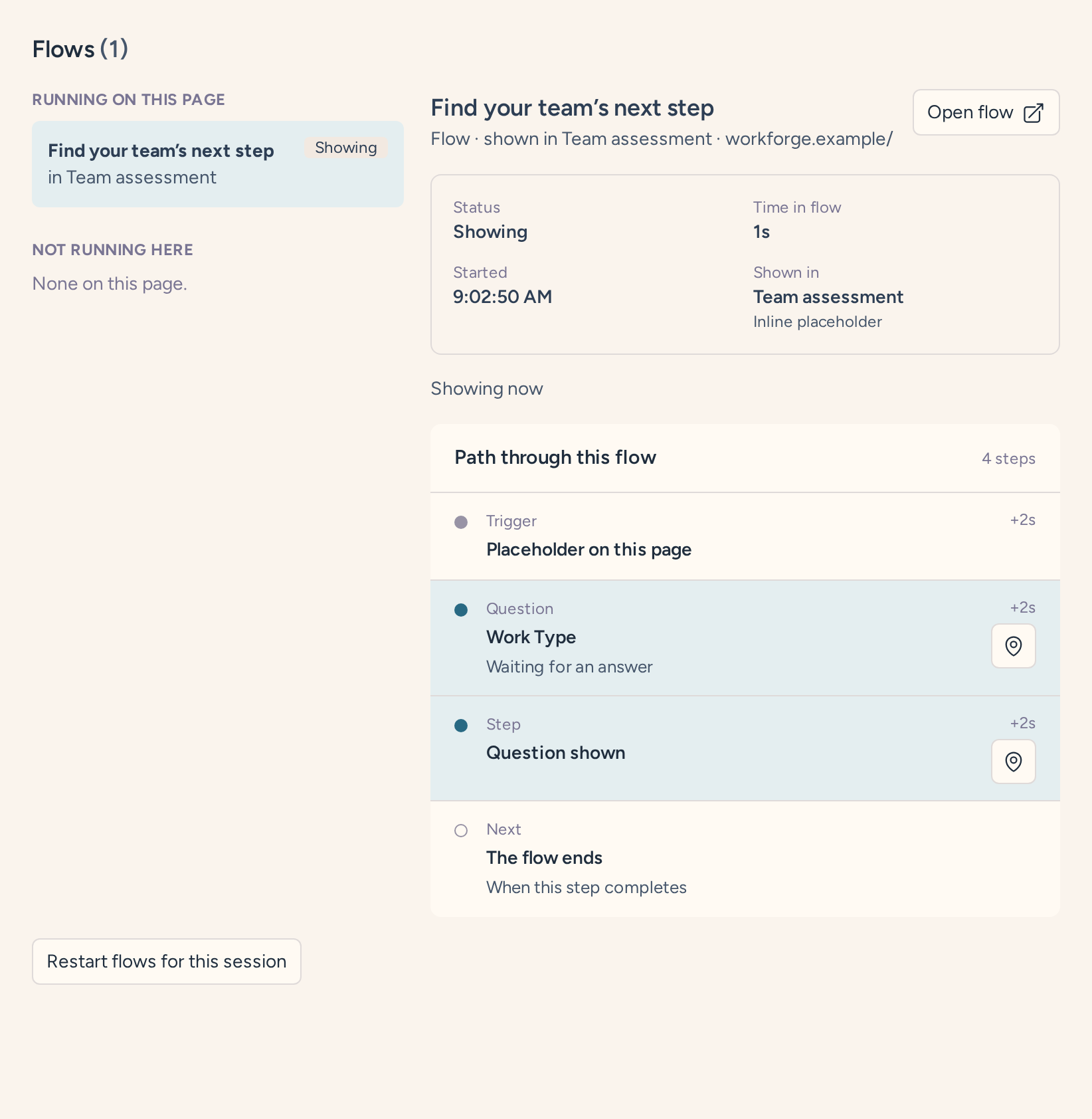 Debugger Flows panel showing the team assessment flow and its current question step