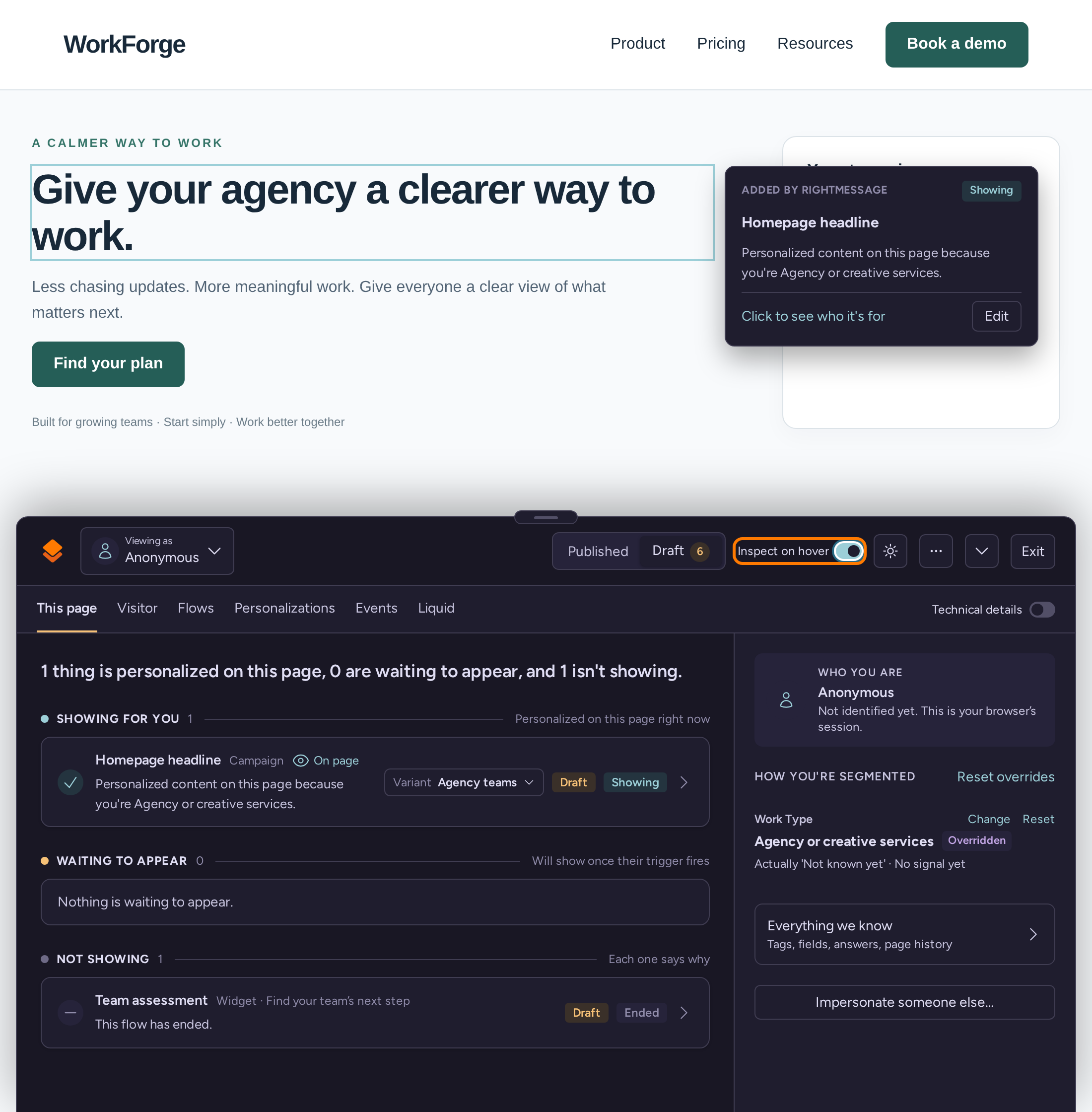 On-site element inspector identifying the homepage headline changed by the Agency teams campaign variant