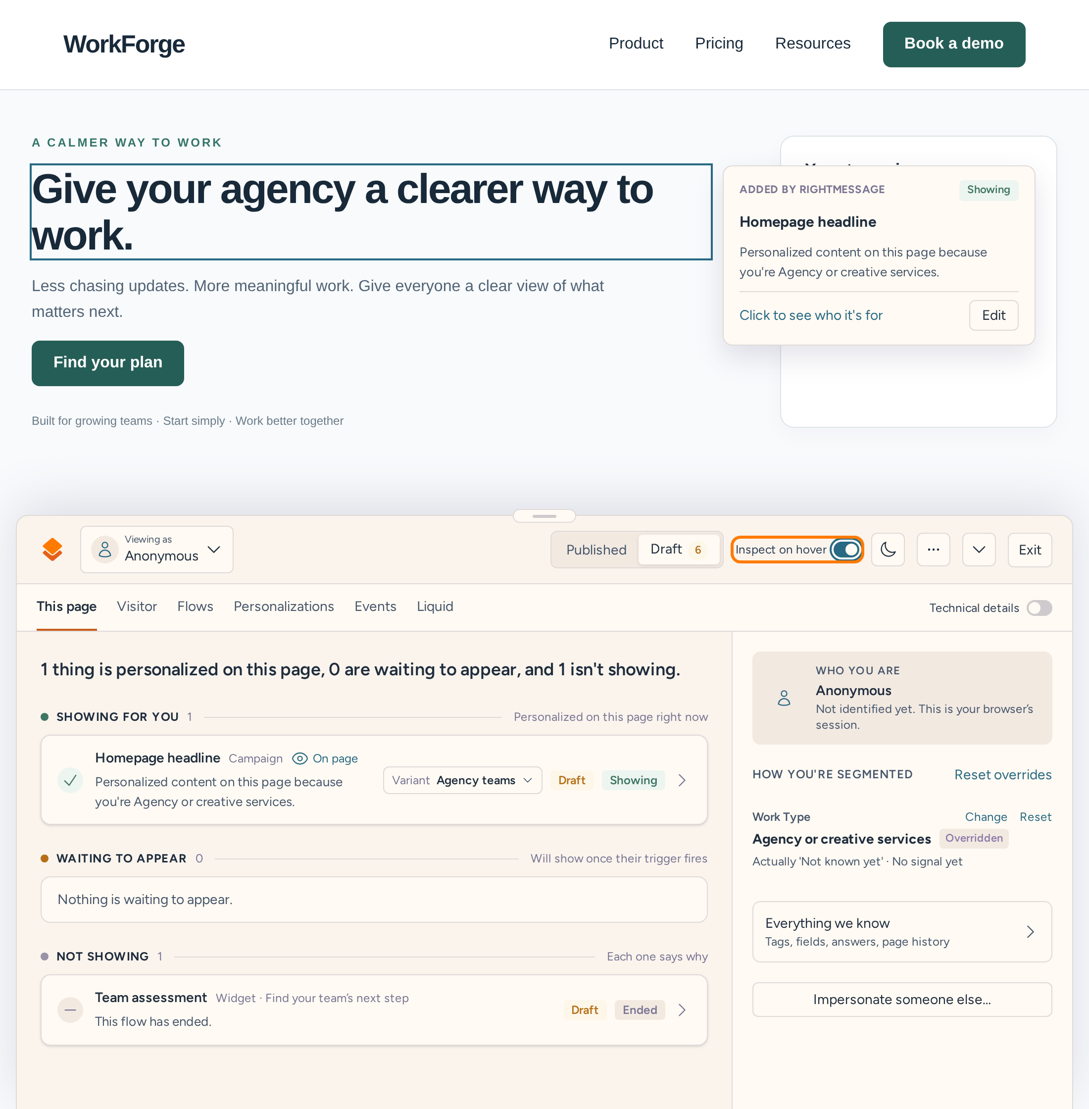 On-site element inspector identifying the homepage headline changed by the Agency teams campaign variant