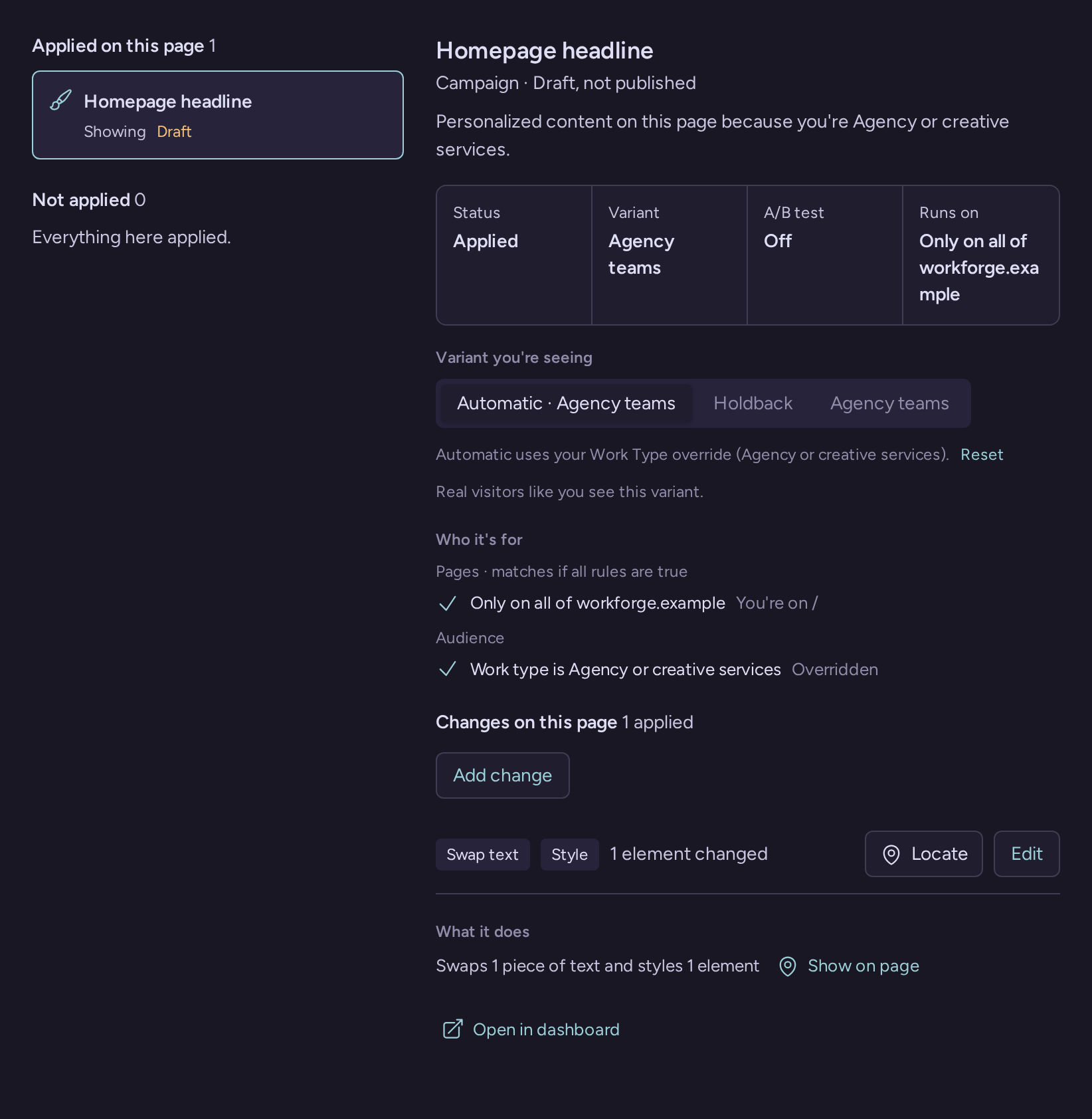 Personalizations debugger panel showing the agency campaign variant and its homepage headline change