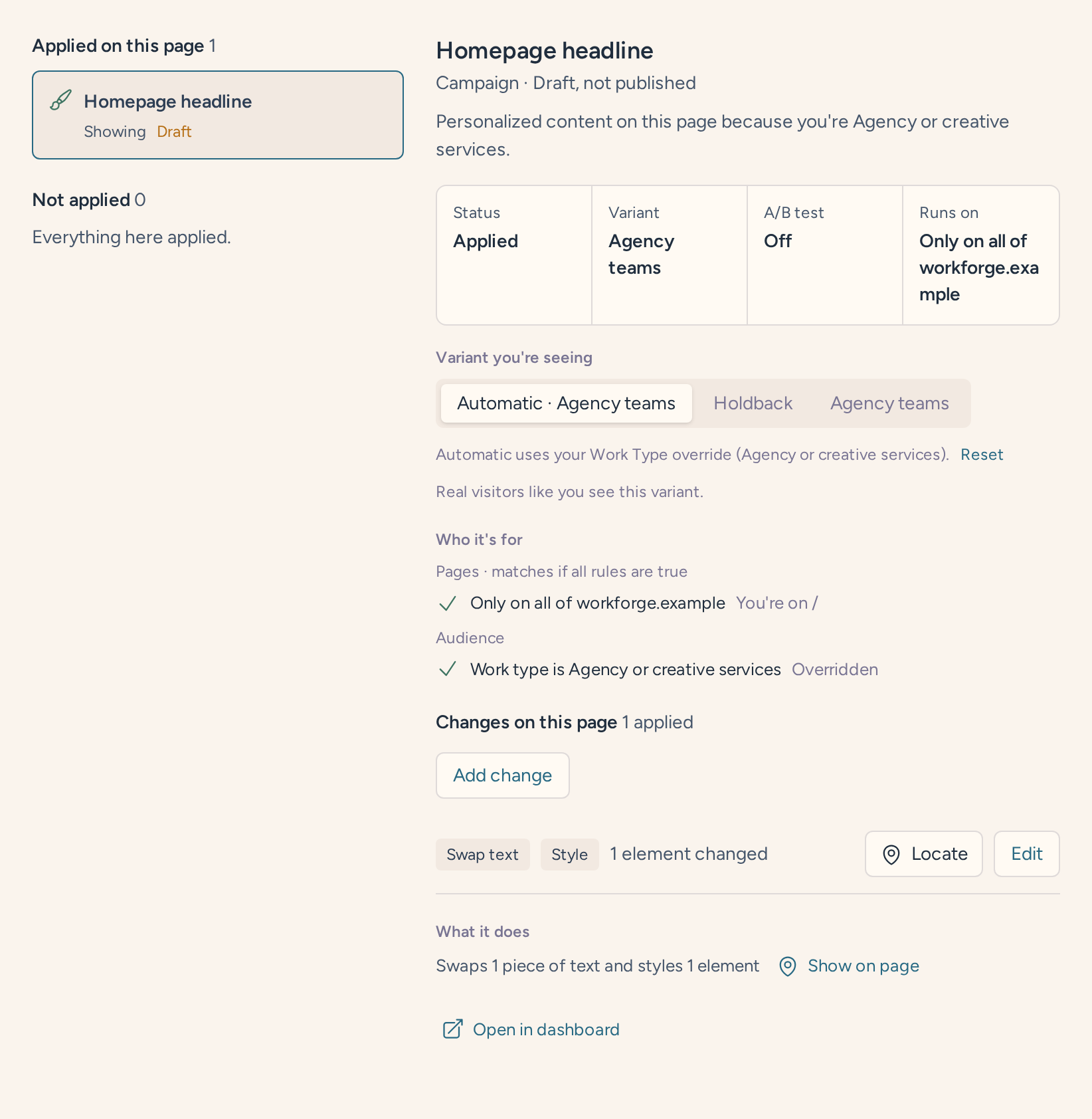 Personalizations debugger panel showing the agency campaign variant and its homepage headline change