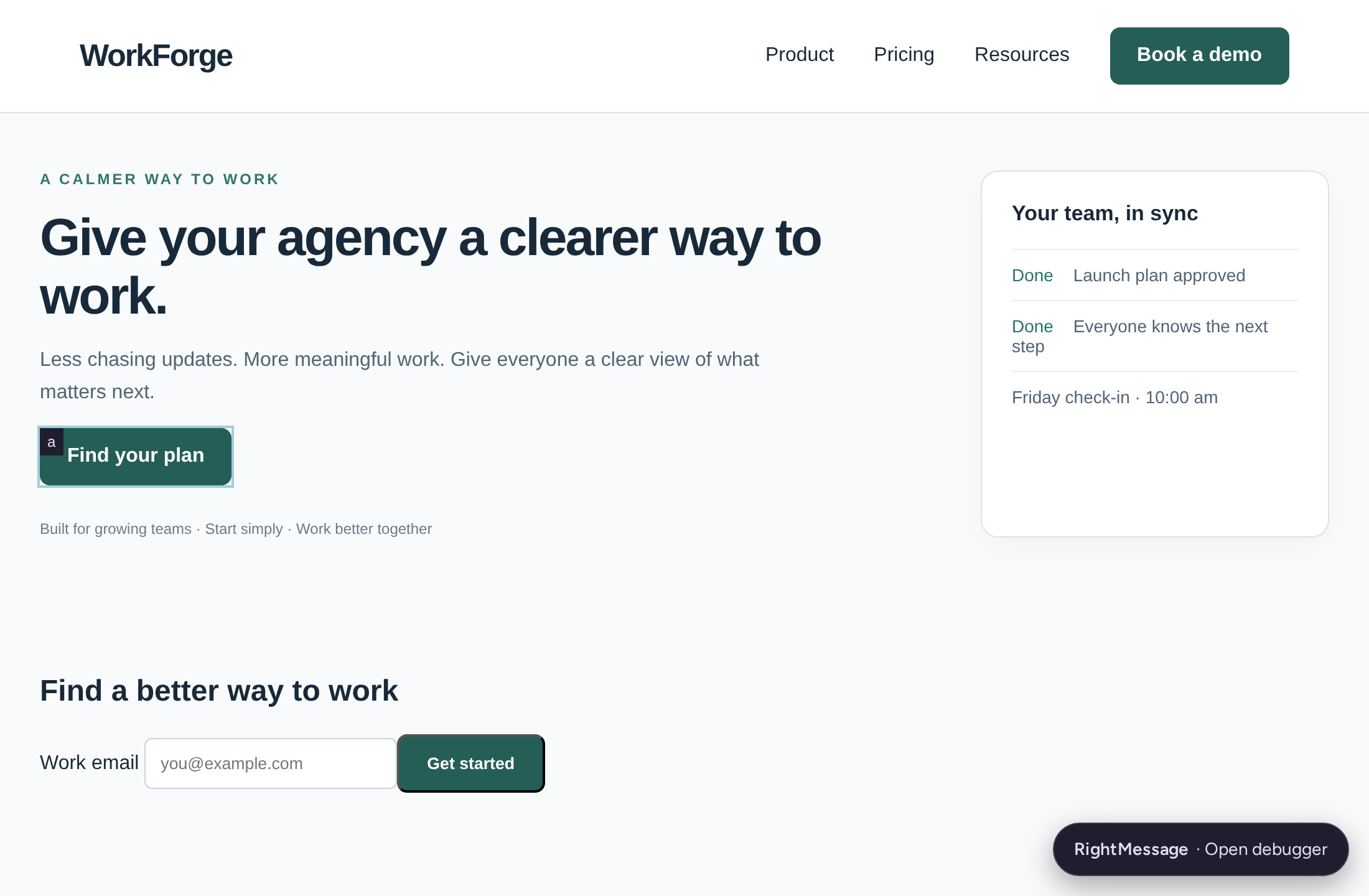 Element picker targeting the WorkForge pricing call to action with the debugger minimized, without saving or publishing