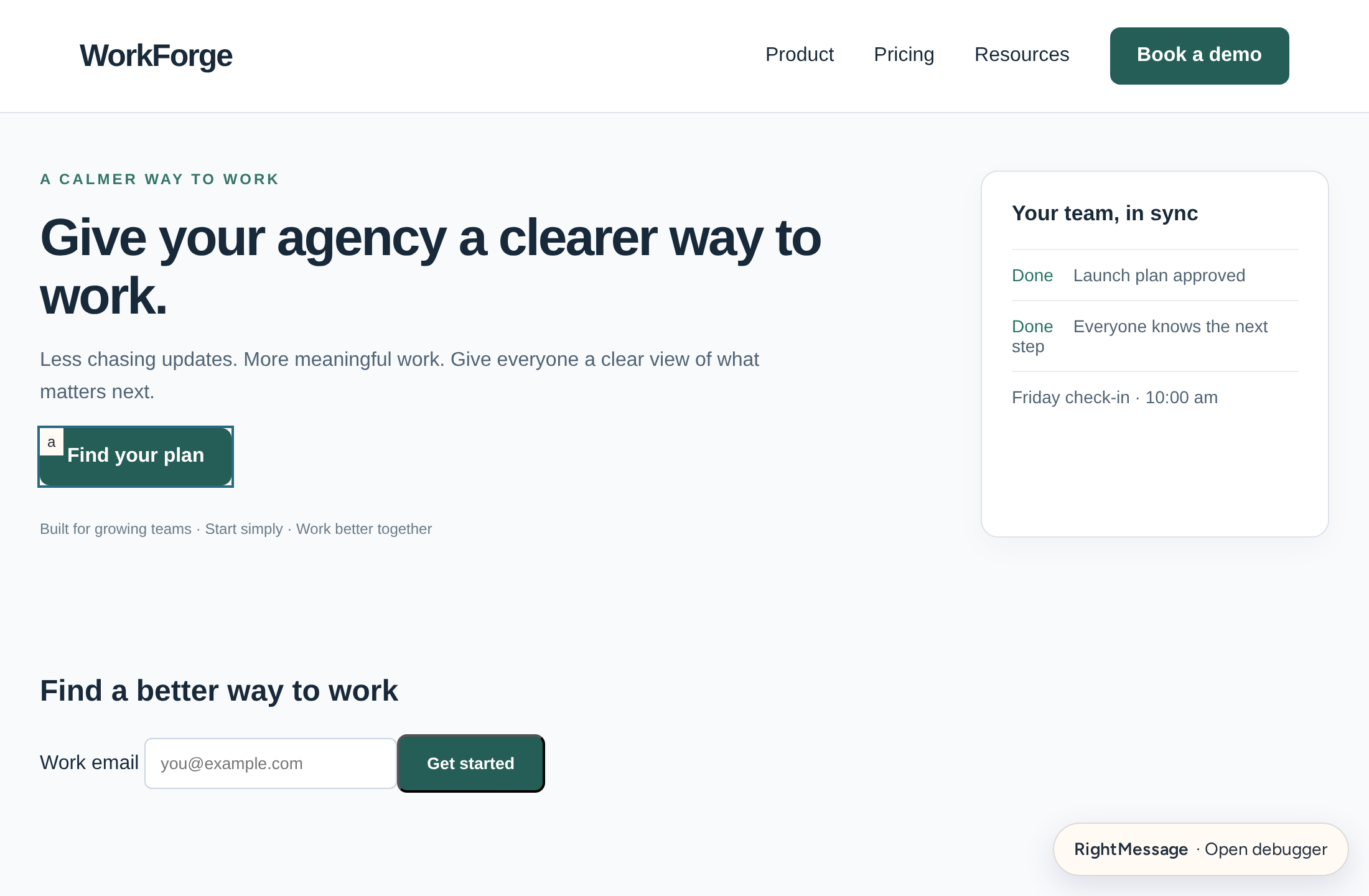 Element picker targeting the WorkForge pricing call to action with the debugger minimized, without saving or publishing
