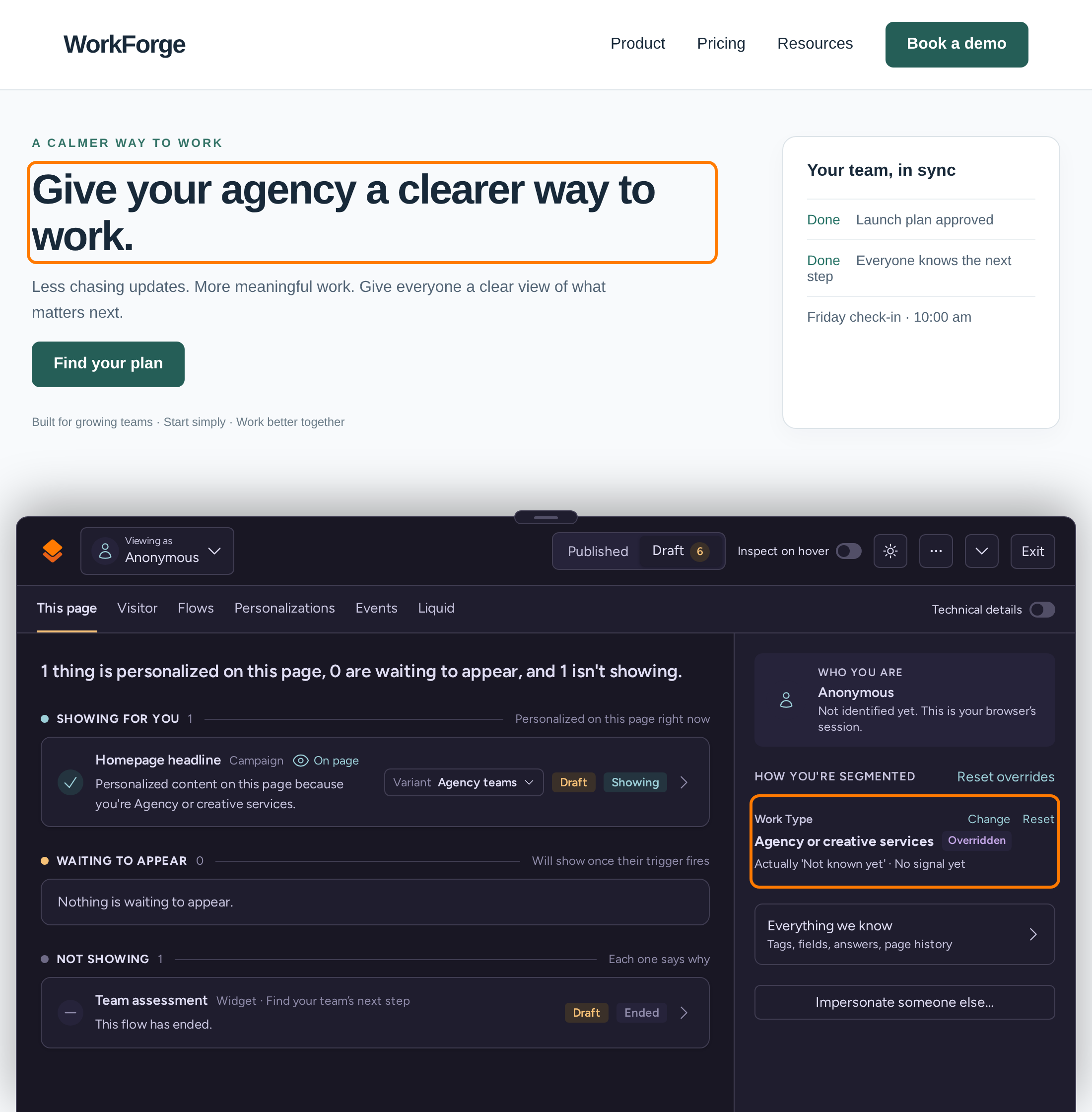 WorkForge agency headline applied after choosing the Agency or creative services segment override
