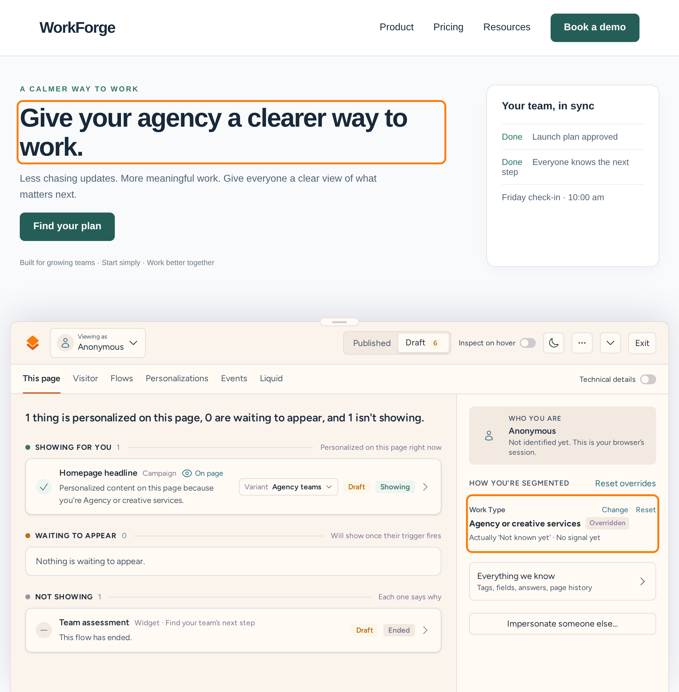 WorkForge agency headline applied after choosing the Agency or creative services segment override