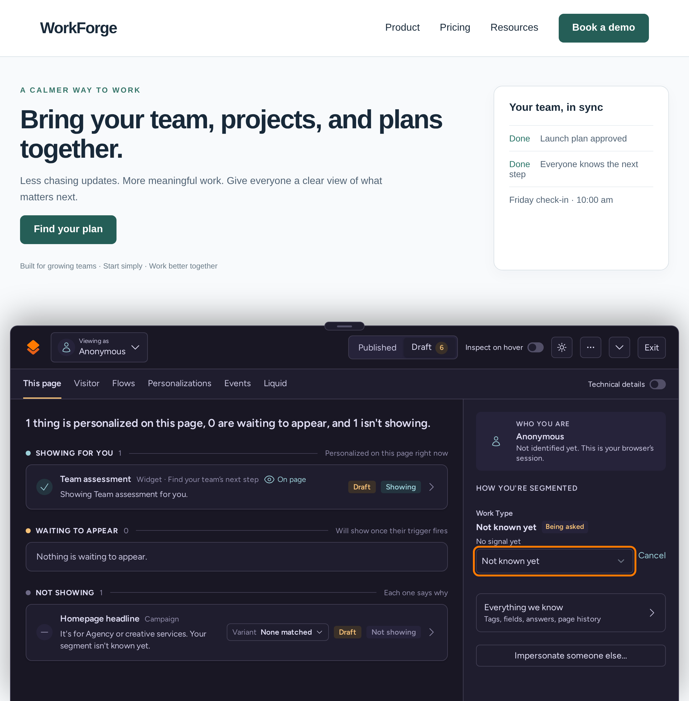 WorkForge website before personalization, with the Work Type segment override selector open in the debugger