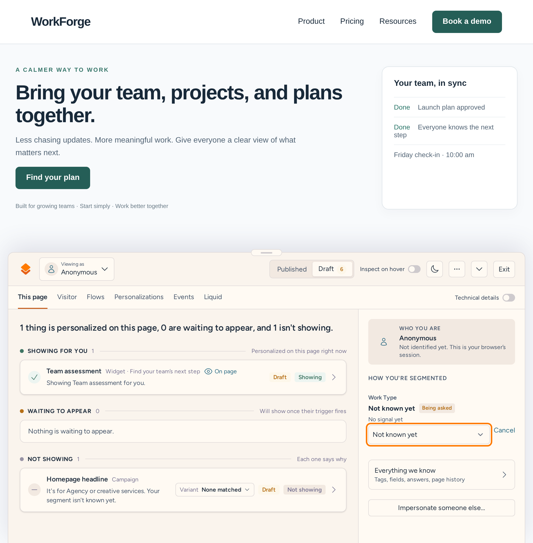 WorkForge website before personalization, with the Work Type segment override selector open in the debugger