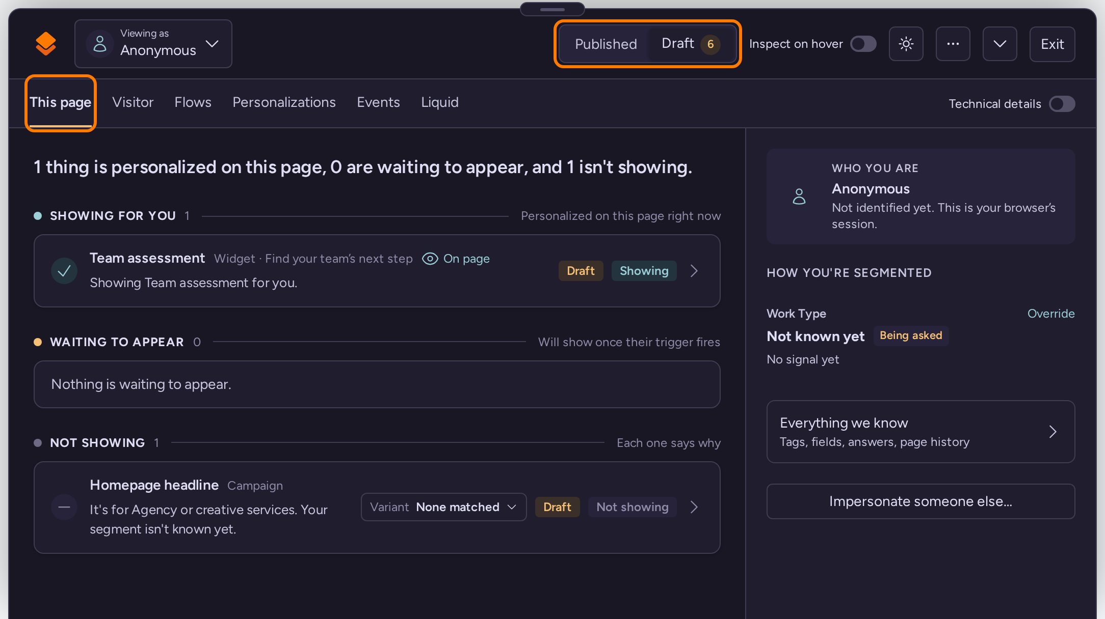 RightMessage debugger on This page, showing the homepage campaign, team assessment widget, and visitor segmentation