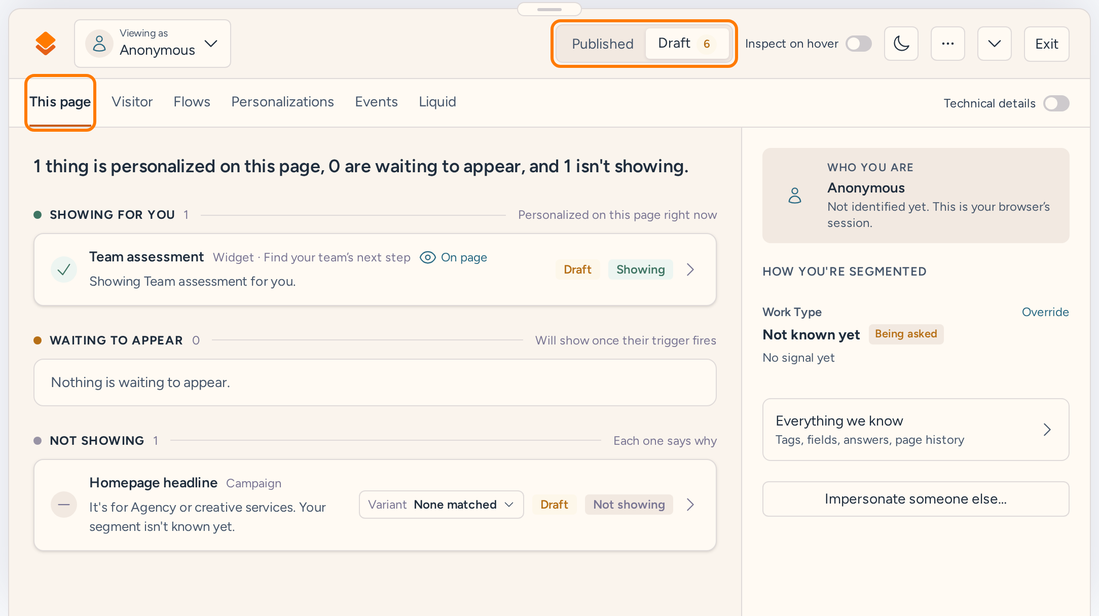 RightMessage debugger on This page, showing the homepage campaign, team assessment widget, and visitor segmentation
