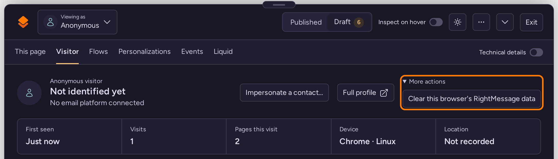 Visitor debugger with More actions open, showing Clear this browser's RightMessage data