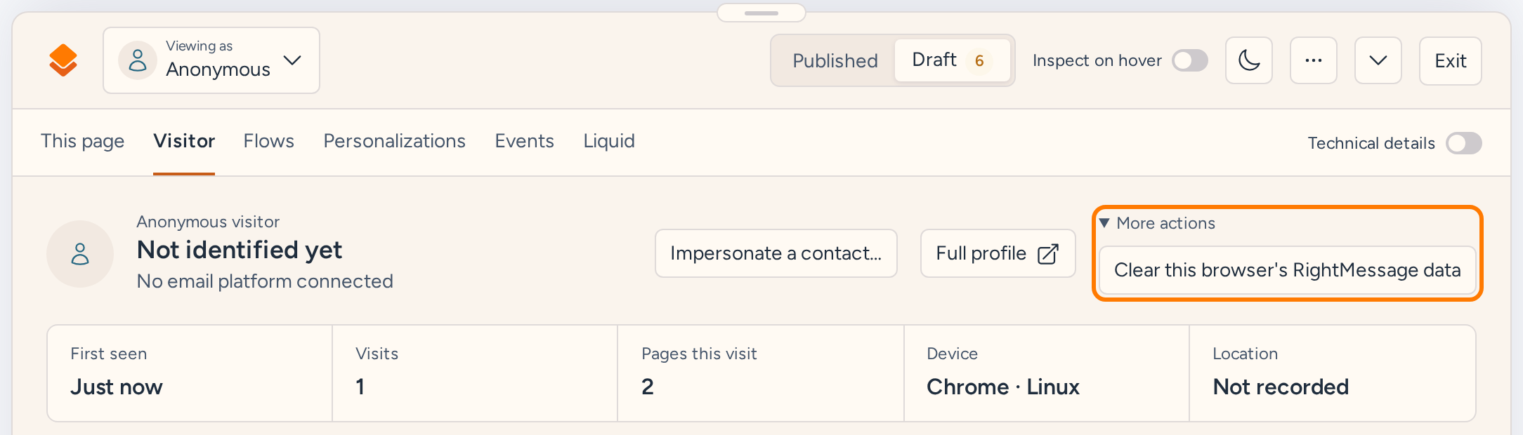 Visitor debugger with More actions open, showing Clear this browser's RightMessage data