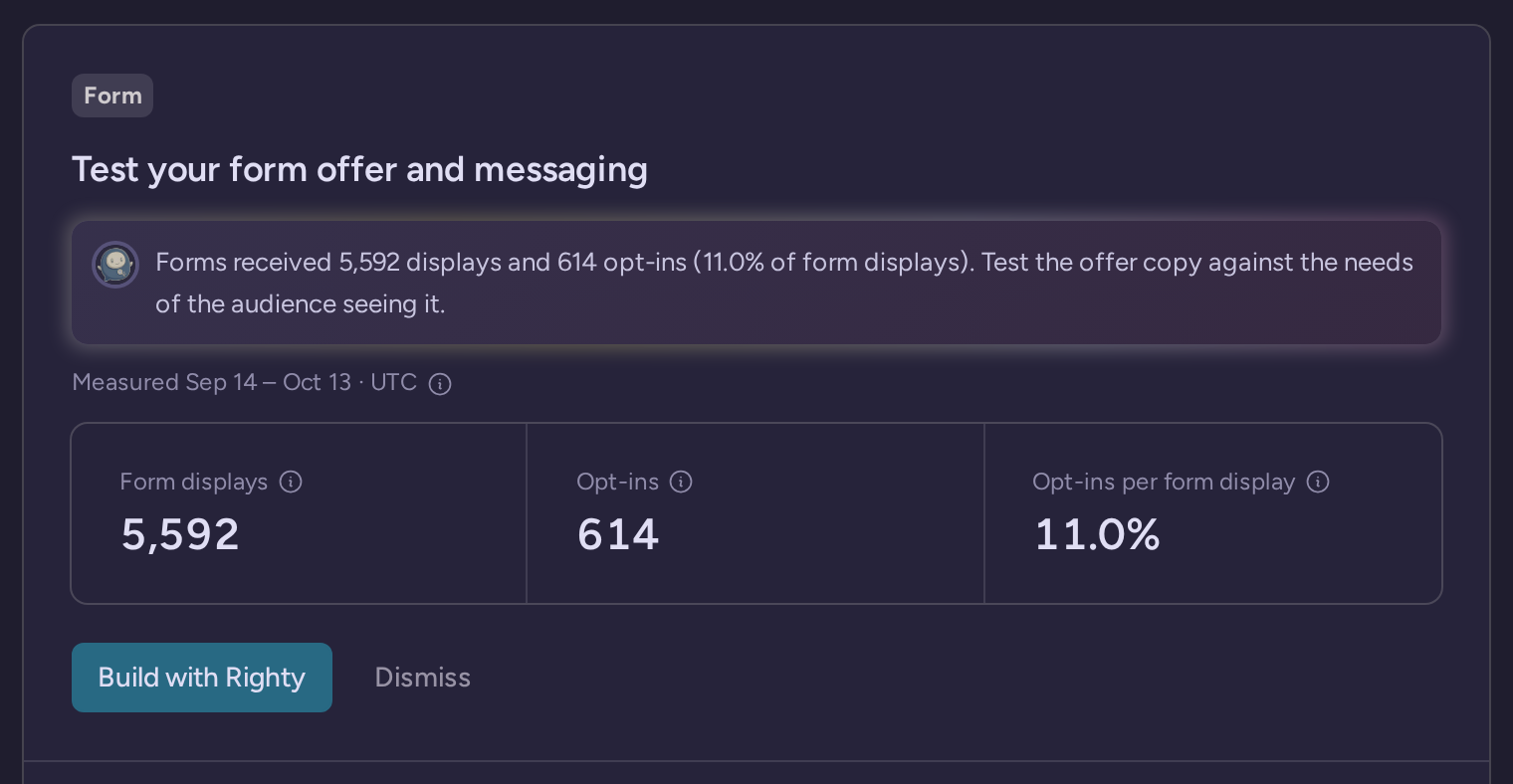 A Righty form optimization recommendation with opt-in evidence and a Build with Righty action
