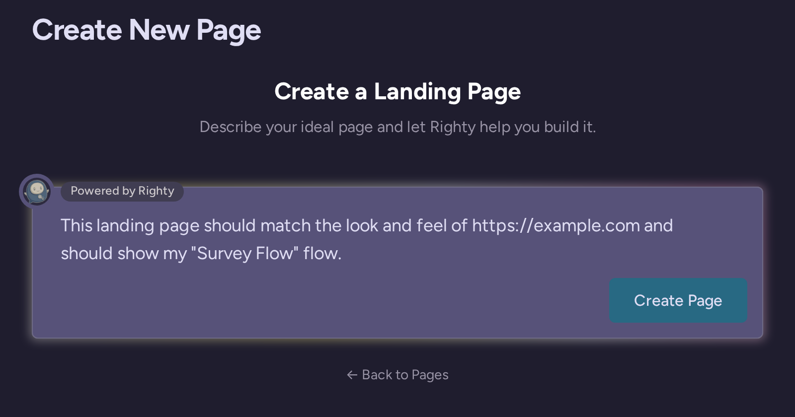 Hosted page creation prompt for describing a landing page to Righty