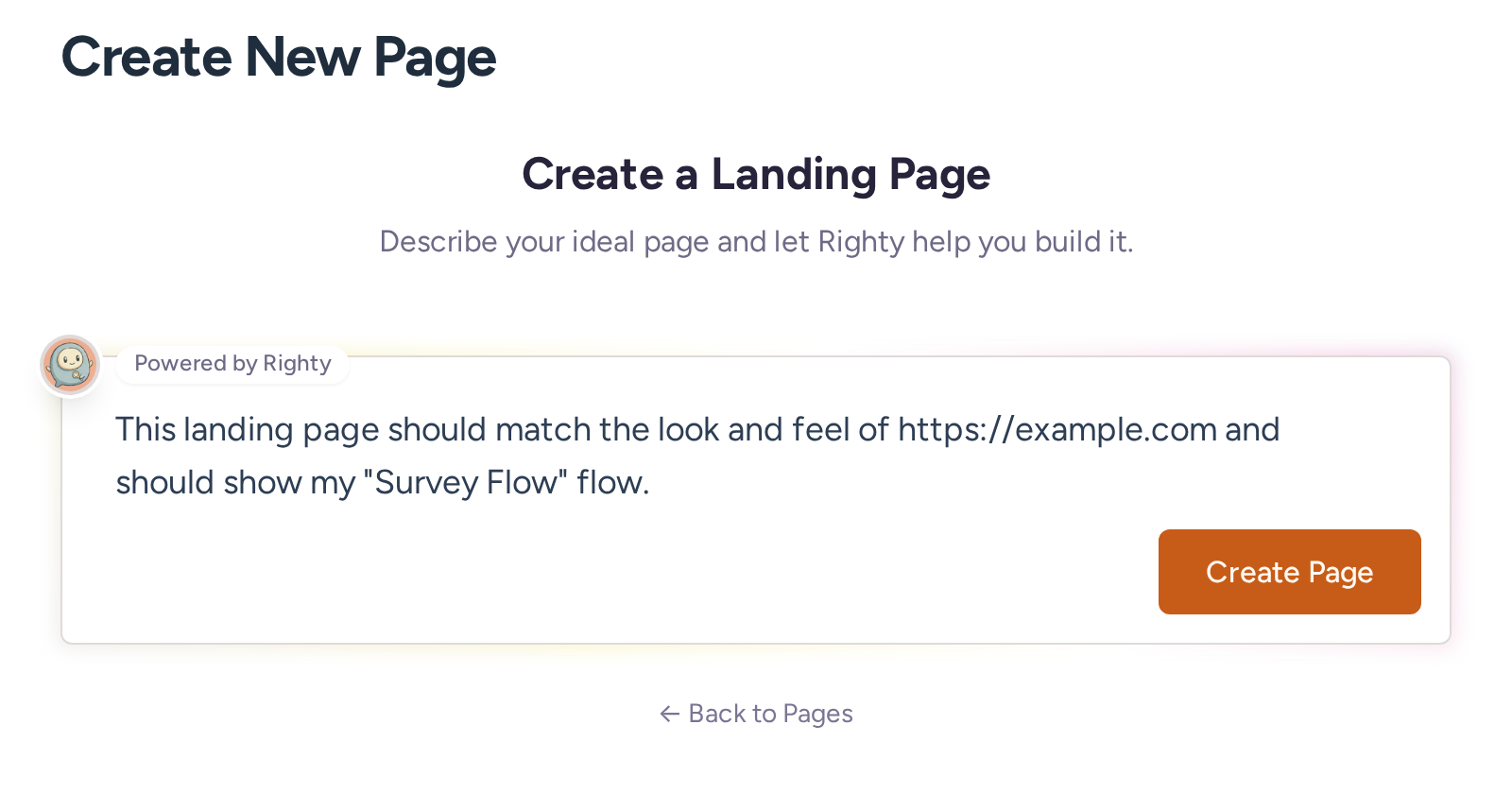 Hosted page creation prompt for describing a landing page to Righty