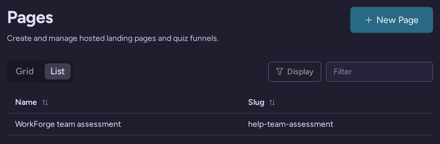Hosted pages list containing the WorkForge team assessment and its help-team-assessment slug
