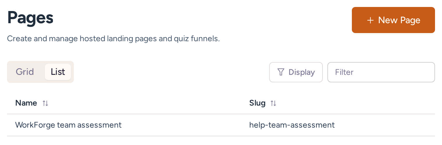 Hosted pages list containing the WorkForge team assessment and its help-team-assessment slug