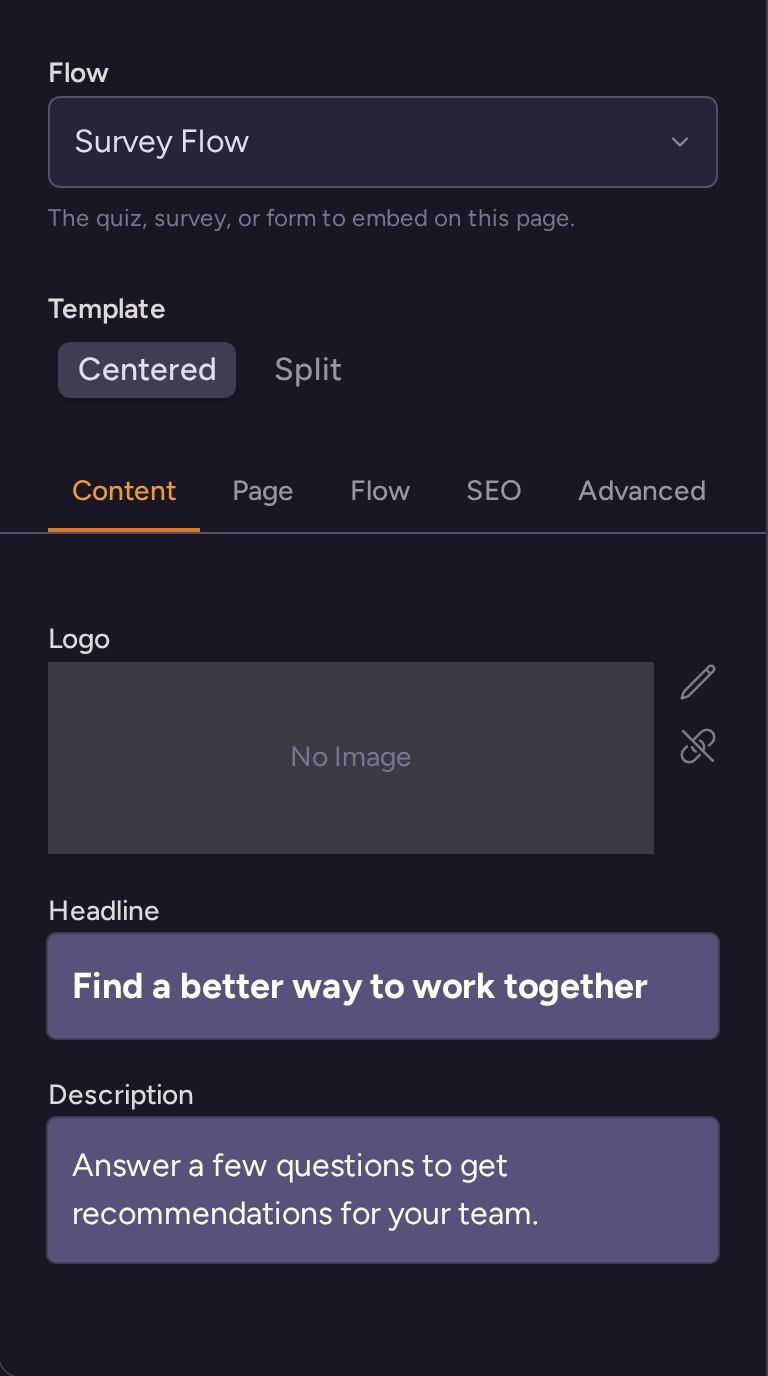 Hosted page editor controls for choosing a flow, layout, logo, headline and description