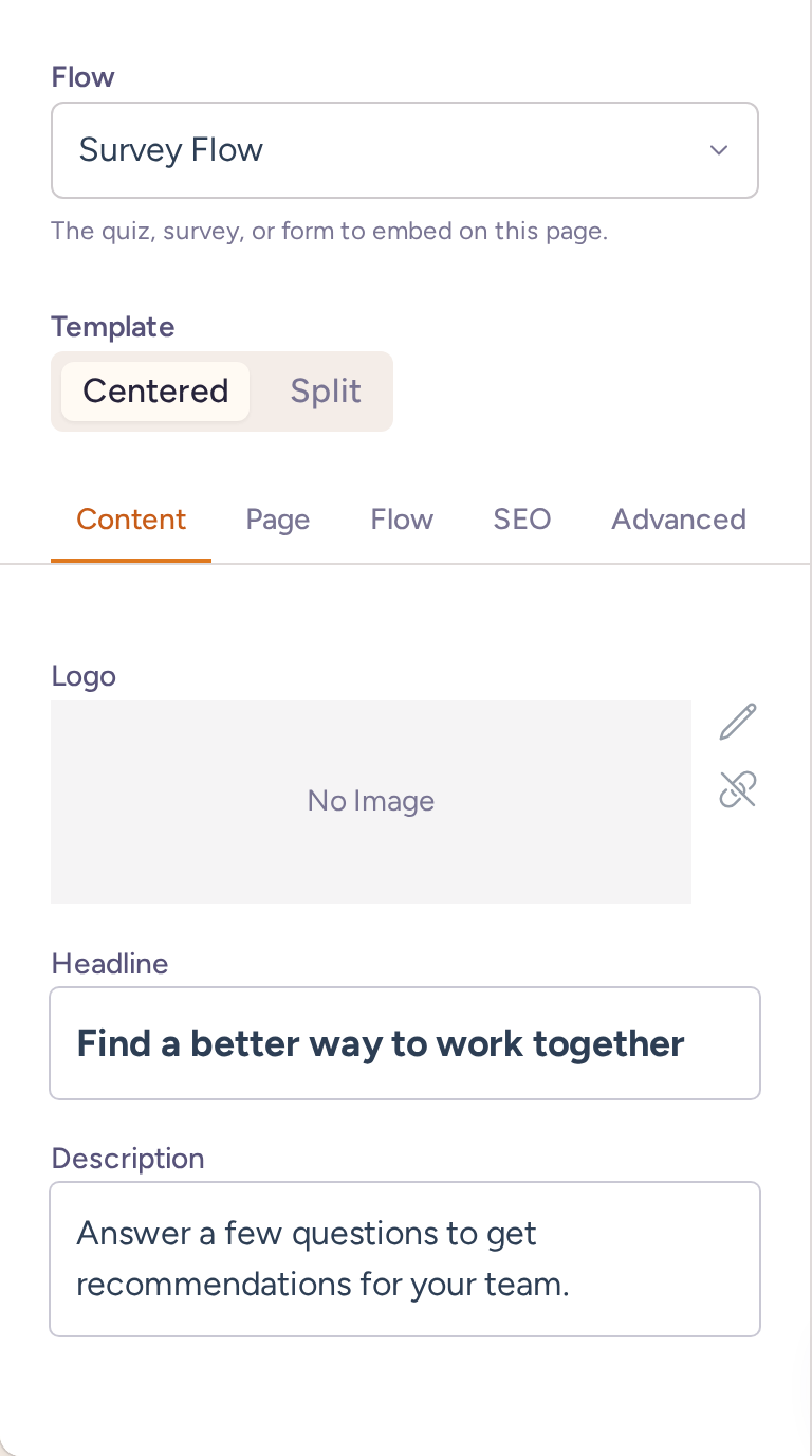 Hosted page editor controls for choosing a flow, layout, logo, headline and description