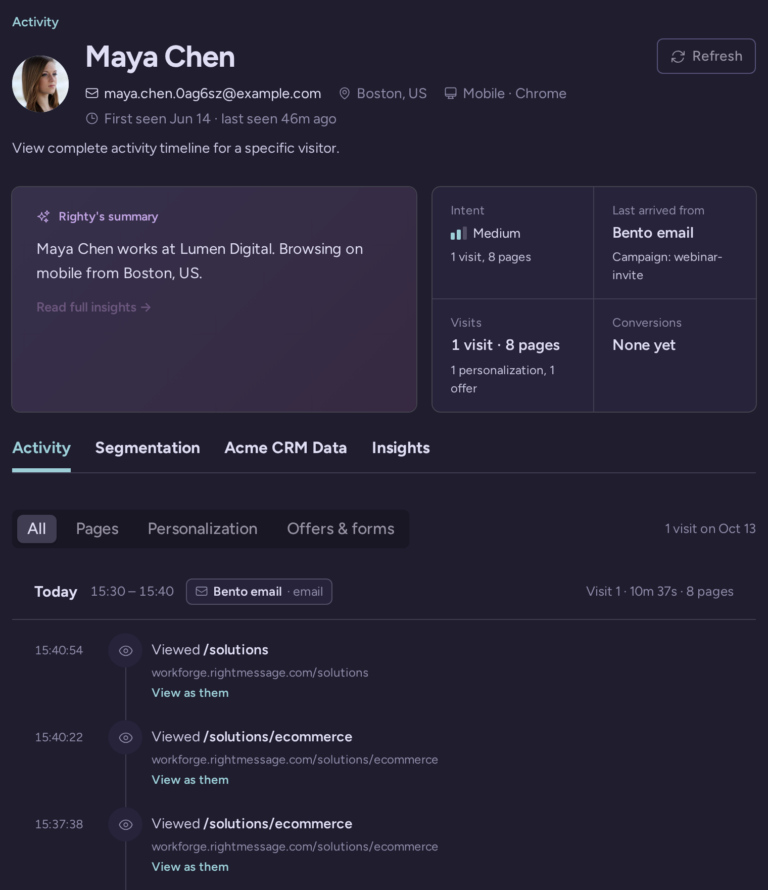 Maya Chen’s example visitor profile with an audience summary, visit details and recent page views