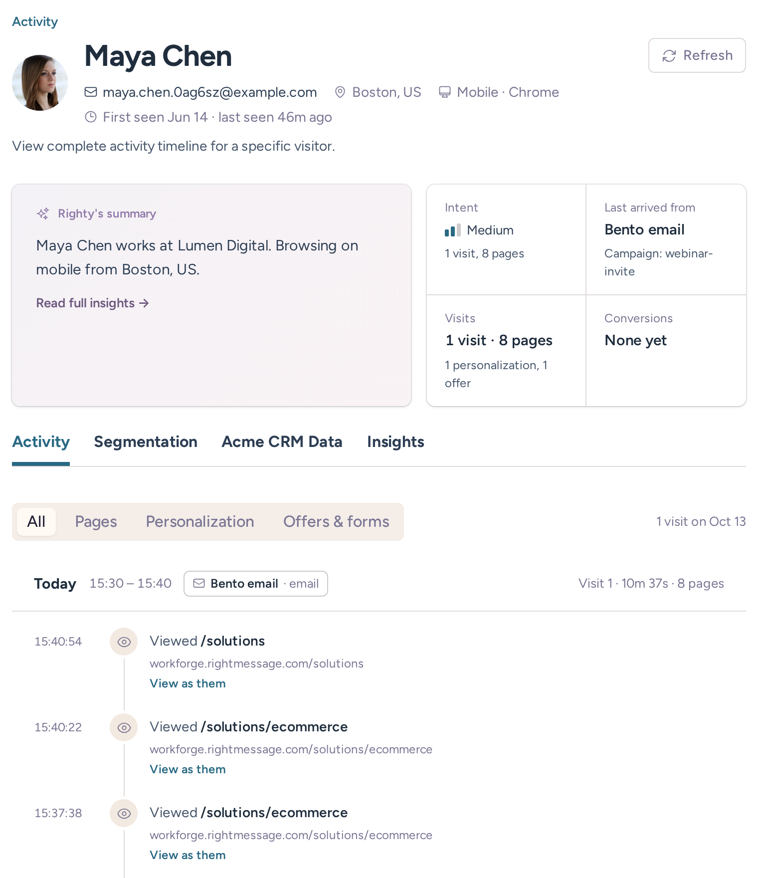 Maya Chen’s example visitor profile with an audience summary, visit details and recent page views