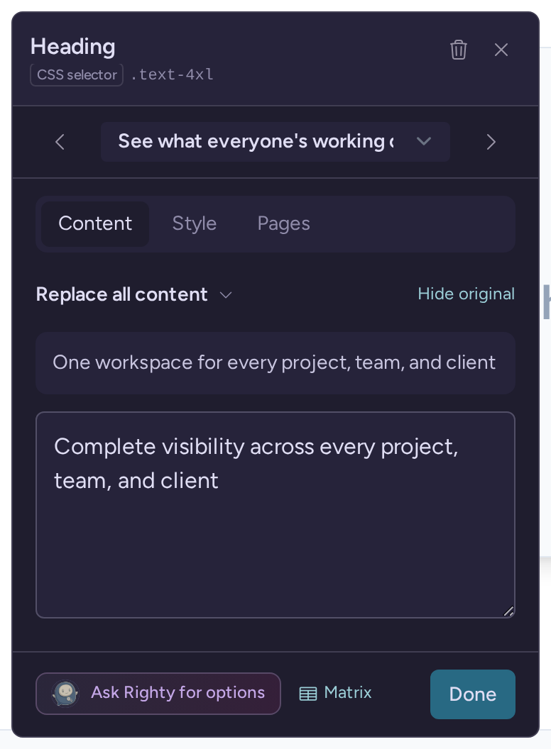 Headline content for an audience, with the original text and Ask Righty for options