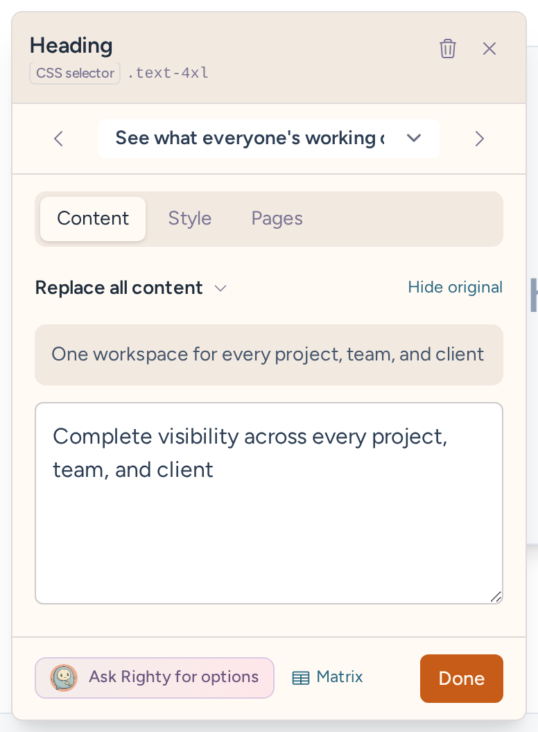 Headline content for an audience, with the original text and Ask Righty for options