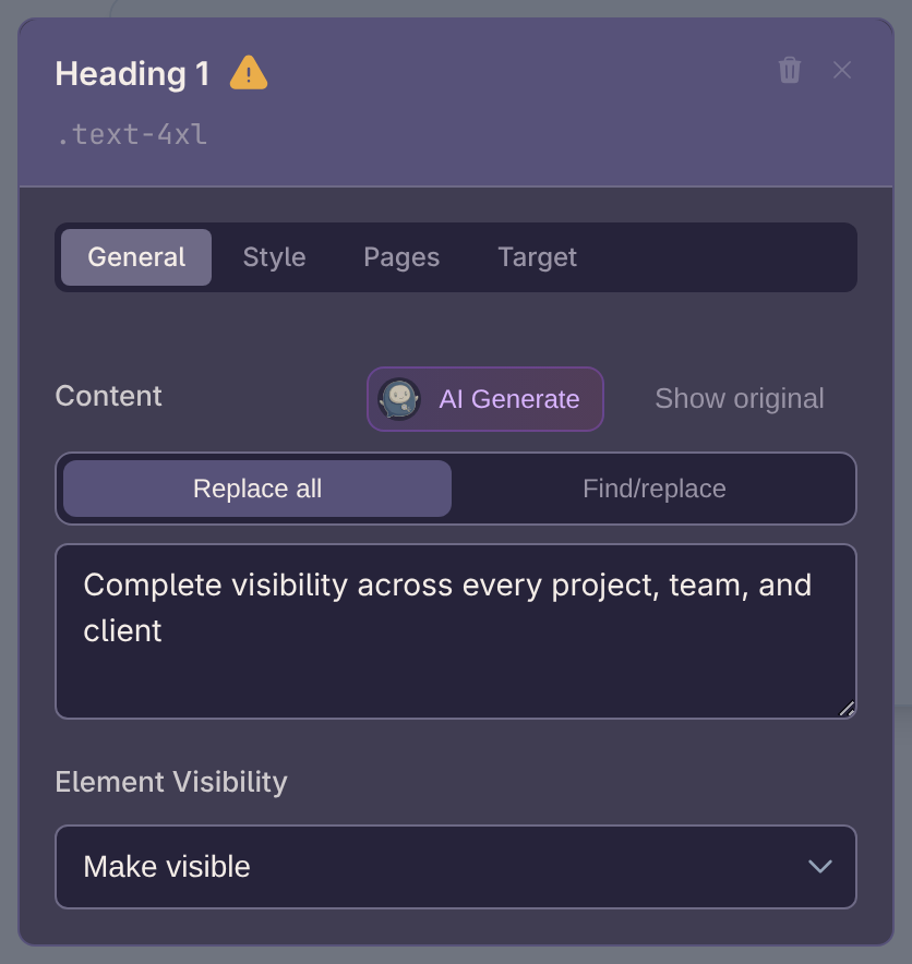 Visual editor General controls for the WorkForge homepage headline personalization
