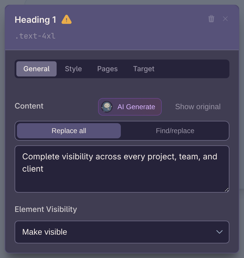 Visual editor General controls for the WorkForge homepage headline personalization
