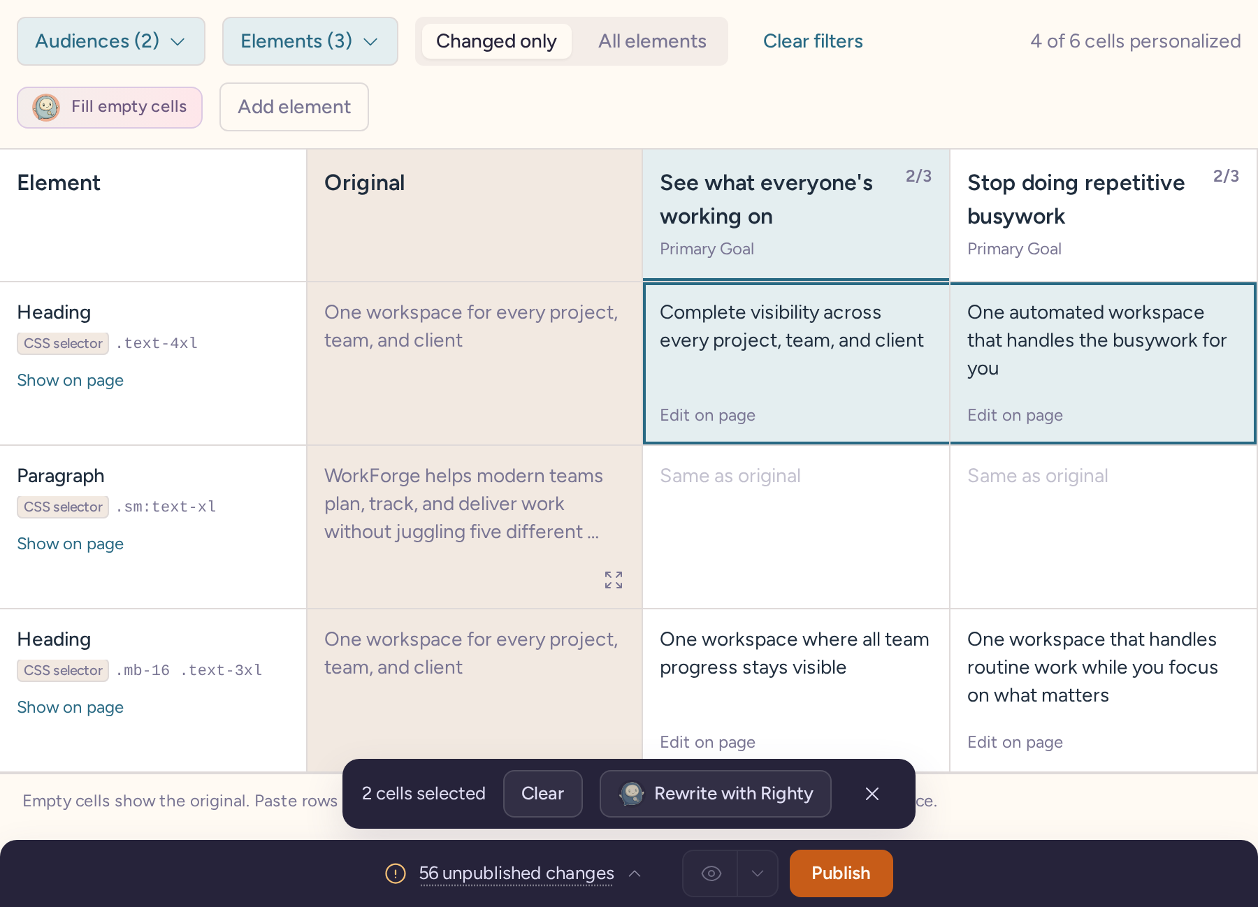 Matrix with multiple selected headline cells and the Clear and Rewrite with Righty controls