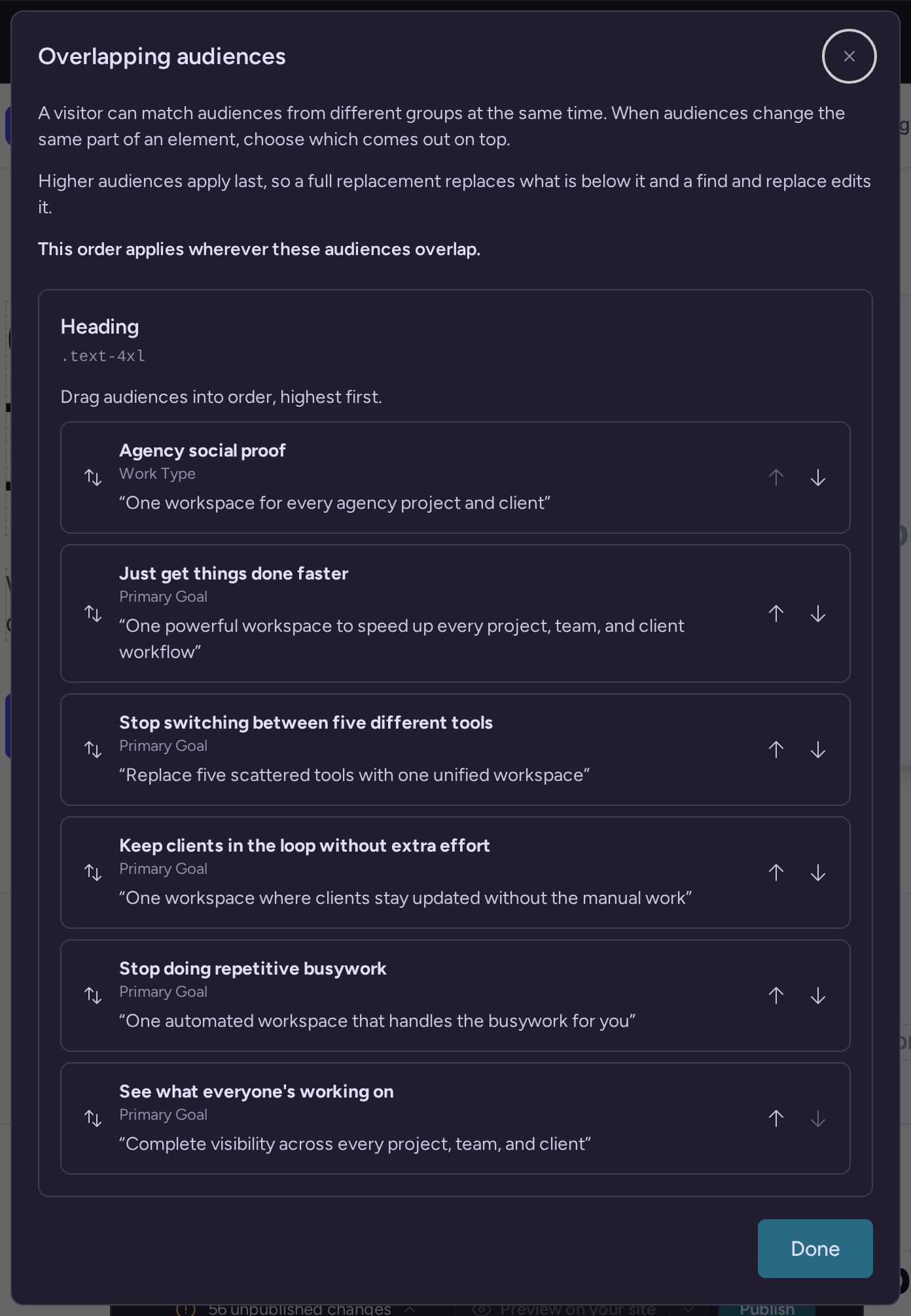 Overlapping audiences dialog showing audience order and which headline wins
