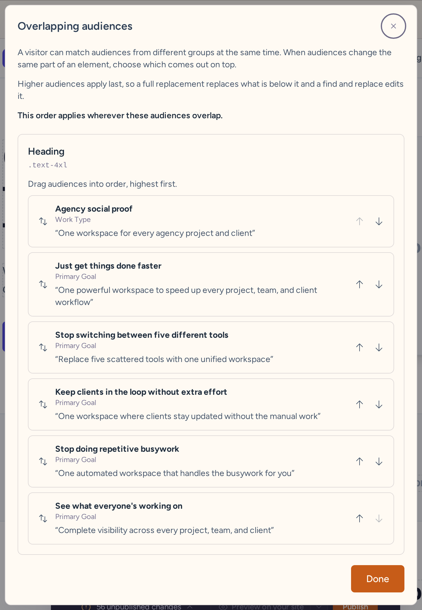 Overlapping audiences dialog showing audience order and which headline wins