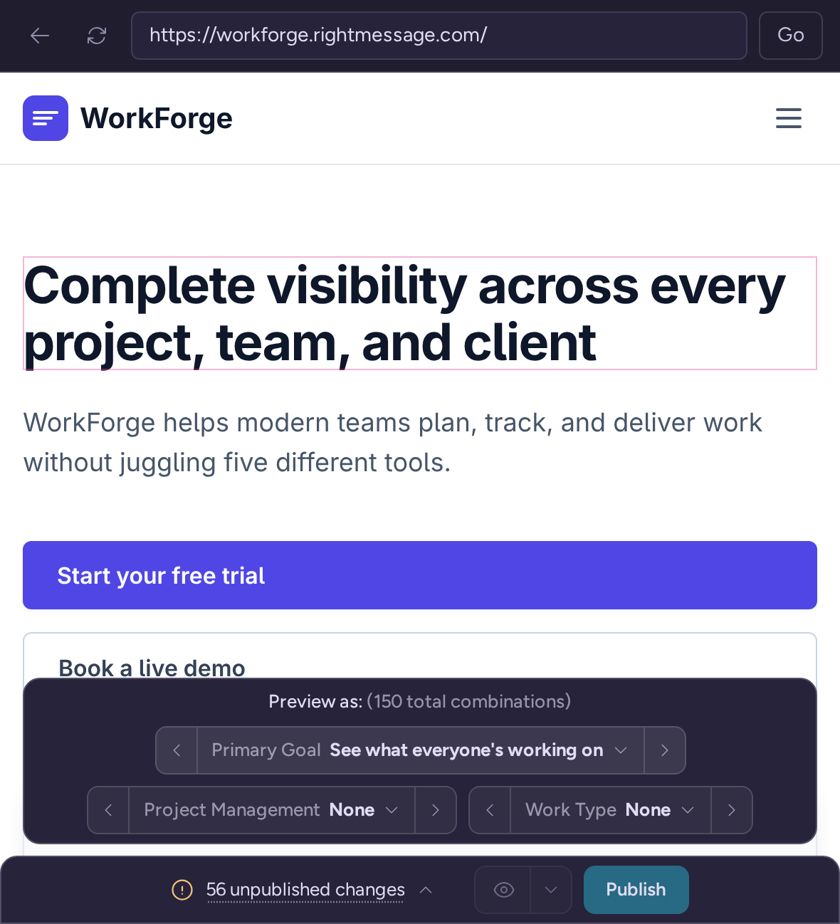 Preview as audience controls and the outlined personalized WorkForge headline
