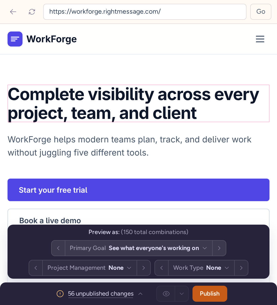 Preview as audience controls and the outlined personalized WorkForge headline