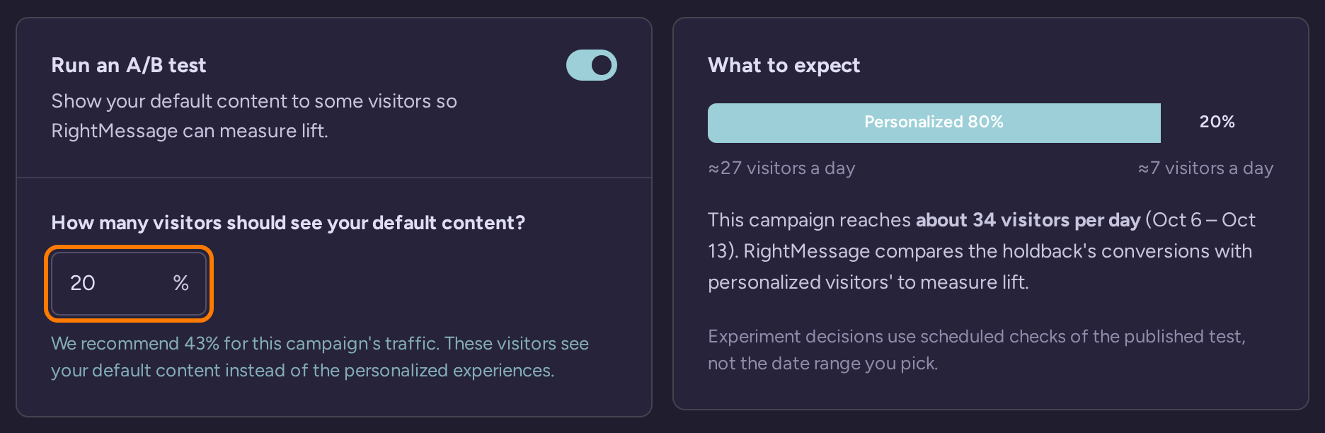 Campaign Split Tests settings with Run an A/B test enabled and 20 percent of visitors assigned default content