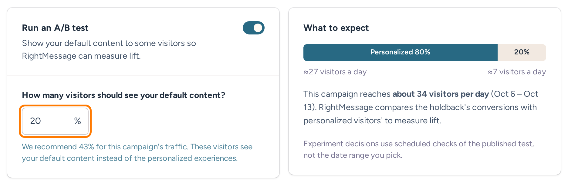Campaign Split Tests settings with Run an A/B test enabled and 20 percent of visitors assigned default content