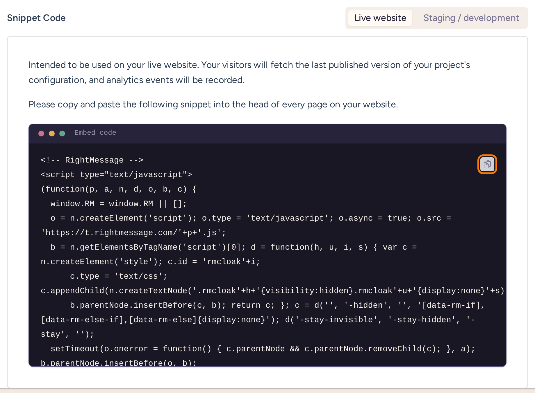 RightMessage live-website Snippet Code panel with the Copy to clipboard icon highlighted in orange