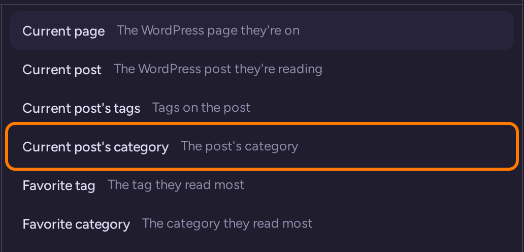 WordPress condition trigger picker listing current page, current post, post tags, post category, favorite tag and favorite category, with Current post’s category highlighted