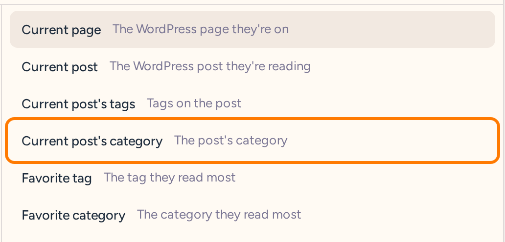WordPress condition trigger picker listing current page, current post, post tags, post category, favorite tag and favorite category, with Current post’s category highlighted